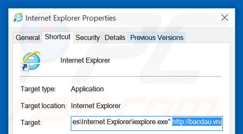 Removing bacdau.vn from Internet Explorer shortcut target step 2