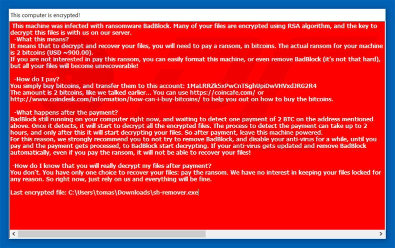 BadBlock ransomware ransom note (pop-up)