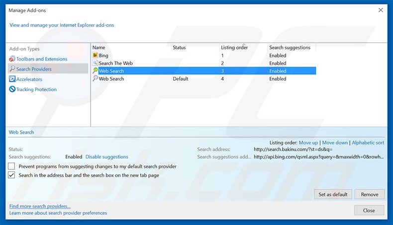 Removing Bakinu from Internet Explorer default search engine