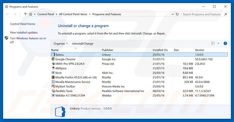 Bakinu browser hijacker uninstall via Control Panel