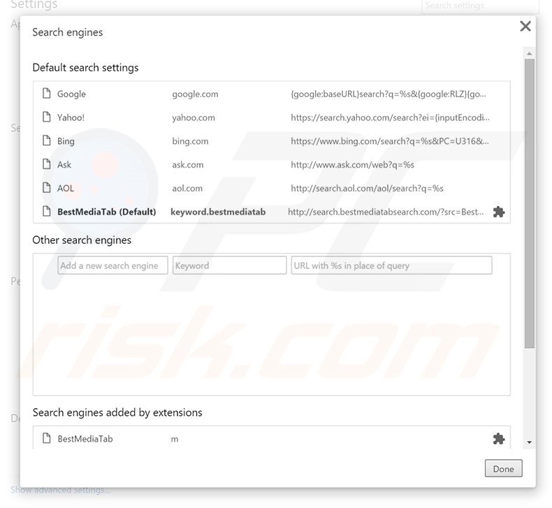 Removing search.bestmediatabsearch.com from Google Chrome default search engine