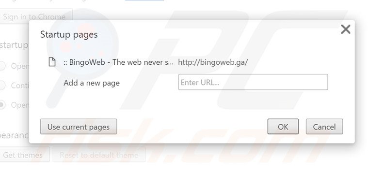 Removing bingoweb.ga from Google Chrome homepage