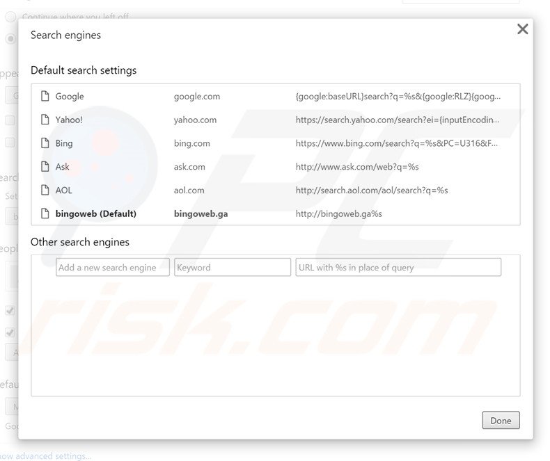 Removing bingoweb.ga from Google Chrome default search engine