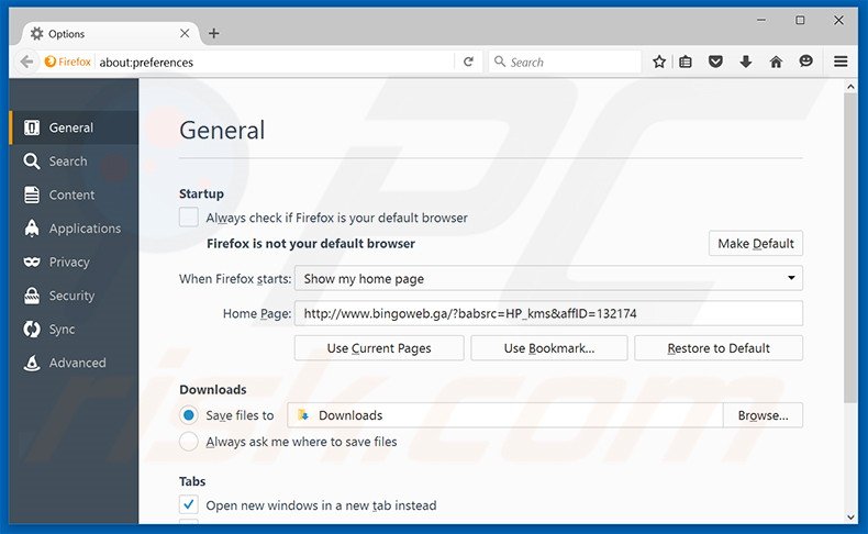 Removing bingoweb.ga from Mozilla Firefox homepage