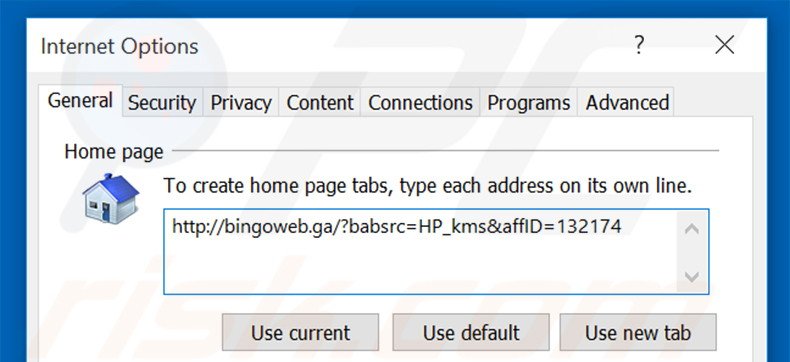 Removing bingoweb.ga from Internet Explorer homepage