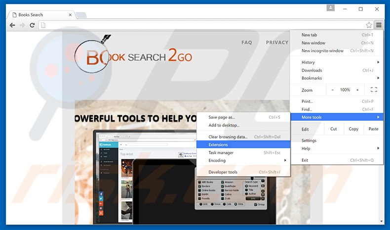 Removing Booksearch2Go  ads from Google Chrome step 1