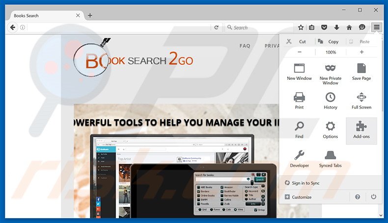 Removing Booksearch2Go ads from Mozilla Firefox step 1