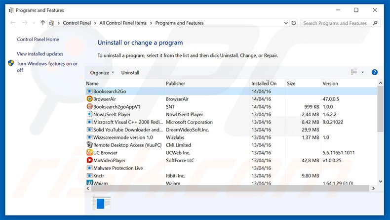 Booksearch2Go adware uninstall via Control Panel