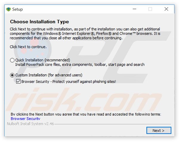 Delusive installer used to distribute Browser Security
