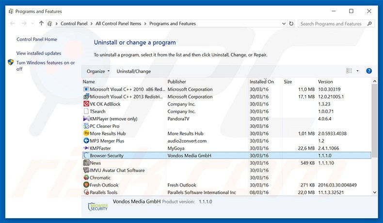 Browser Security adware uninstall via Control Panel