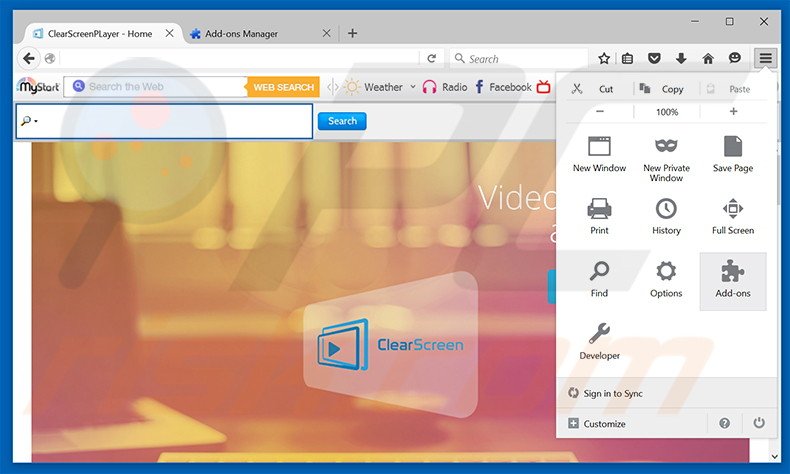 Removing ClearScreen Player ads from Mozilla Firefox step 1