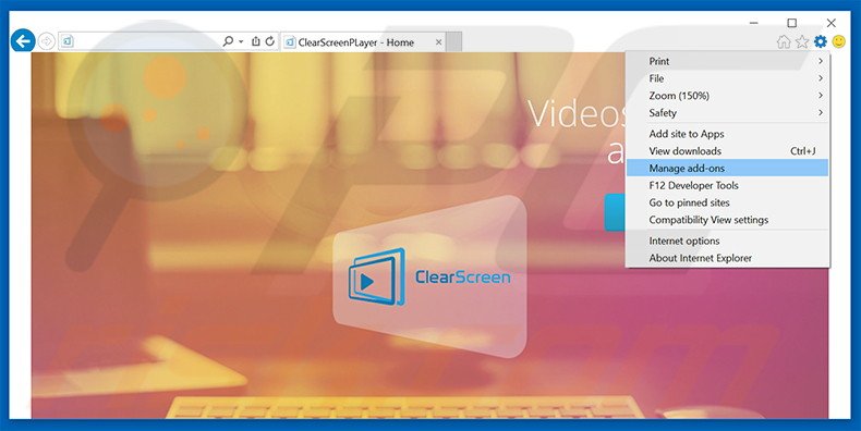 Removing ClearScreen Player ads from Internet Explorer step 1