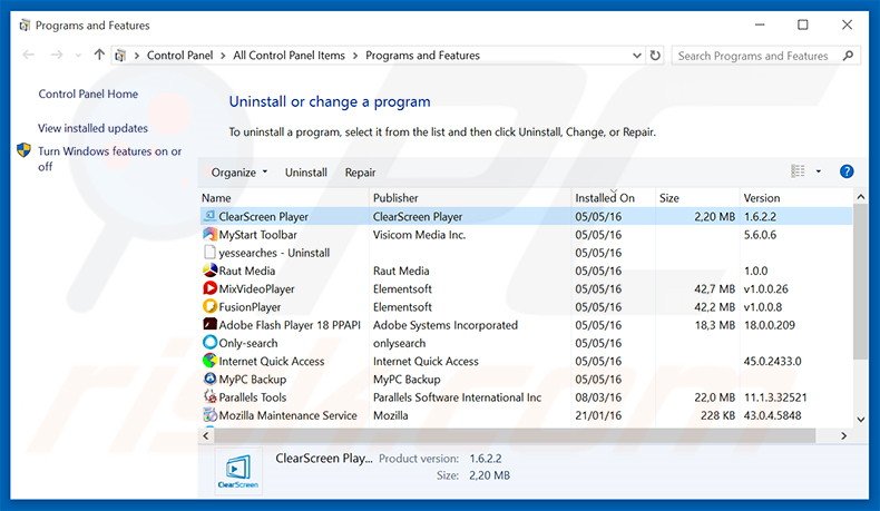 ClearScreen Player adware uninstall via Control Panel