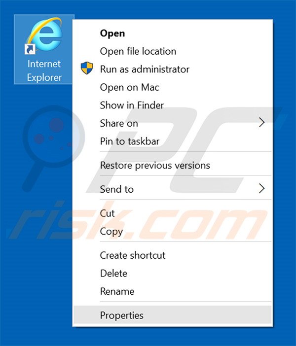 Removing dozensearch.com from Internet Explorer shortcut target step 1