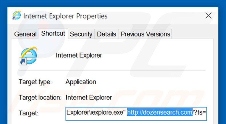 Removing dozensearch.com from Internet Explorer shortcut target step 2