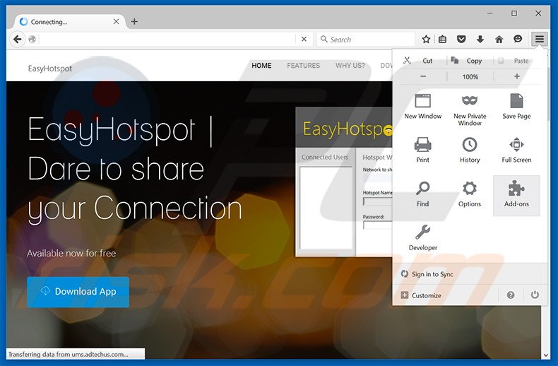 Removing EasyHotspot ads from Mozilla Firefox step 1
