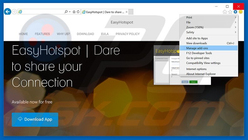 Removing EasyHotspot ads from Internet Explorer step 1