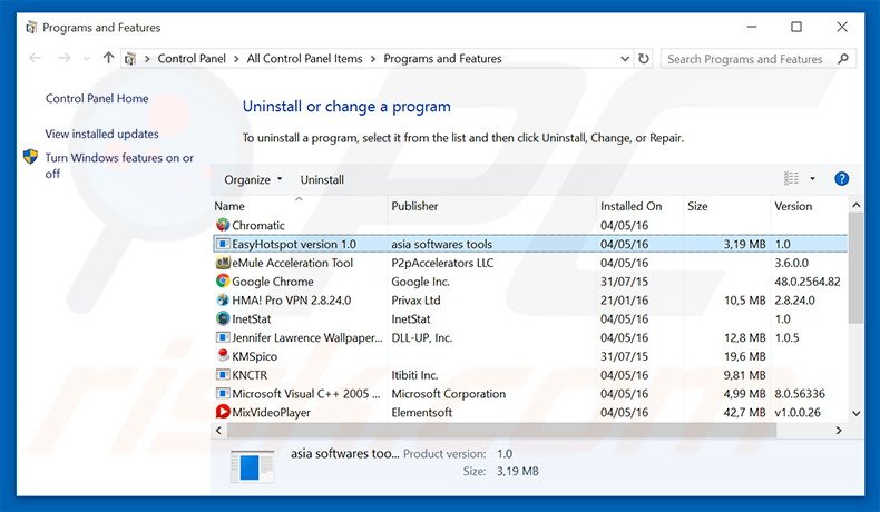 EasyHotspot adware uninstall via Control Panel