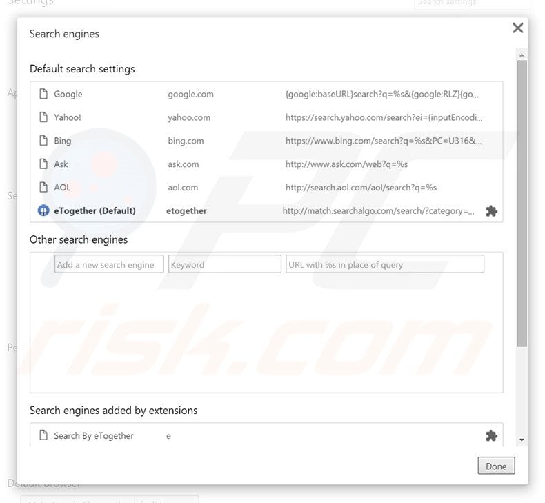 Removing eTogether from Google Chrome default search engine