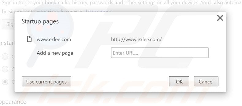 Removing exlee.com from Google Chrome homepage