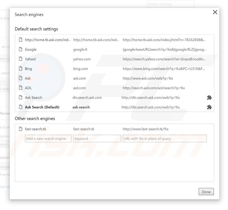 Removing fast-search.tk from Google Chrome default search engine