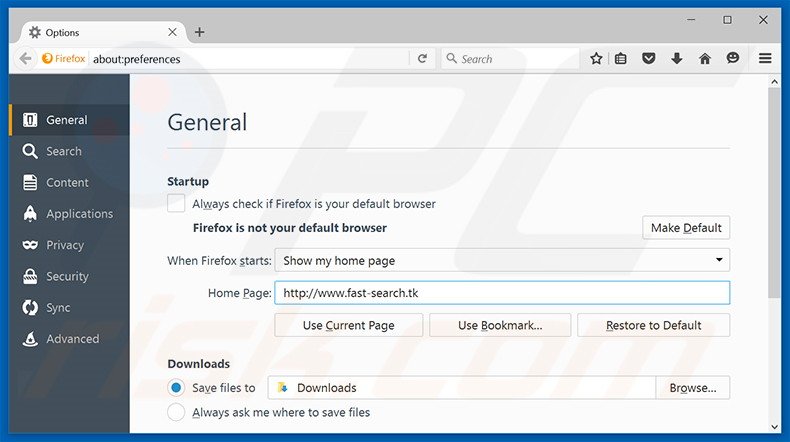 Removing fast-search.tk from Mozilla Firefox homepage