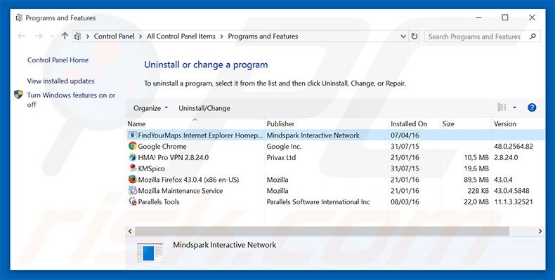 FindYourMaps browser hijacker uninstall via Control Panel