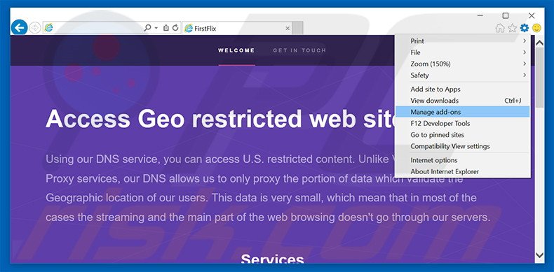 Removing FirstFlix ads from Internet Explorer step 1