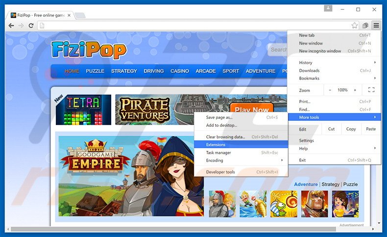 Removing FiziPop  ads from Google Chrome step 1