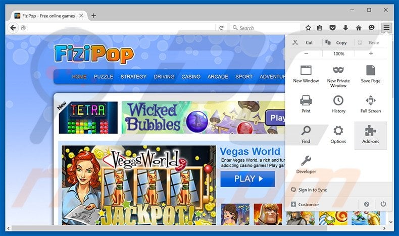 Removing FiziPop ads from Mozilla Firefox step 1