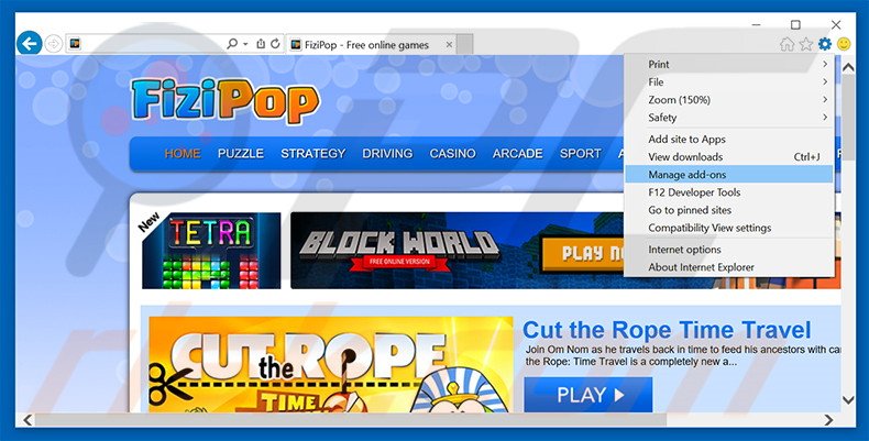 Removing FiziPop ads from Internet Explorer step 1