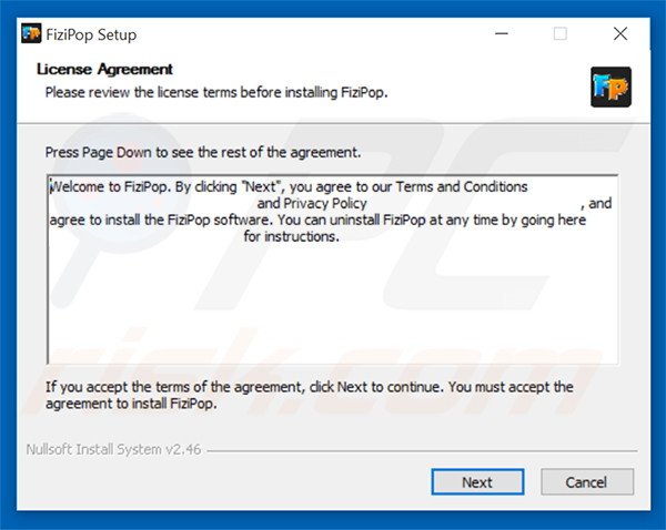 Official FiziPop adware installer