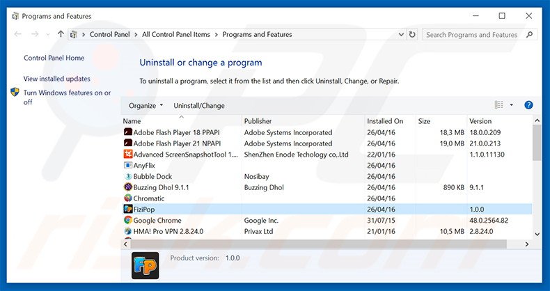 FiziPop adware uninstall via Control Panel