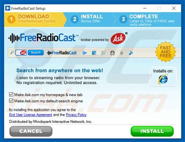Official FreeRadioCast browser hijacker installation setup