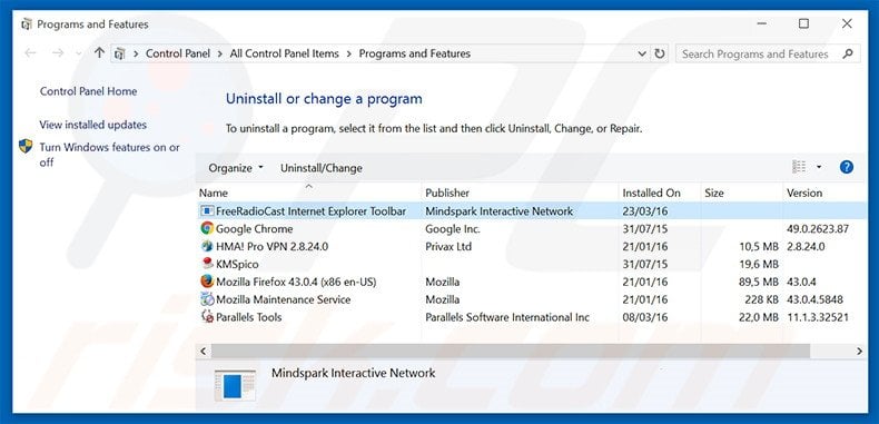 FreeRadioCast browser hijacker uninstall via Control Panel