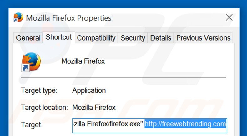 Removing freewebtrending.com from Mozilla Firefox shortcut target step 2