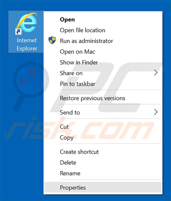 Removing freewebtrending.com from Internet Explorer shortcut target step 1
