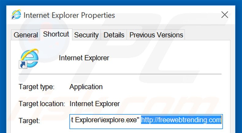 Removing freewebtrending.com from Internet Explorer shortcut target step 2