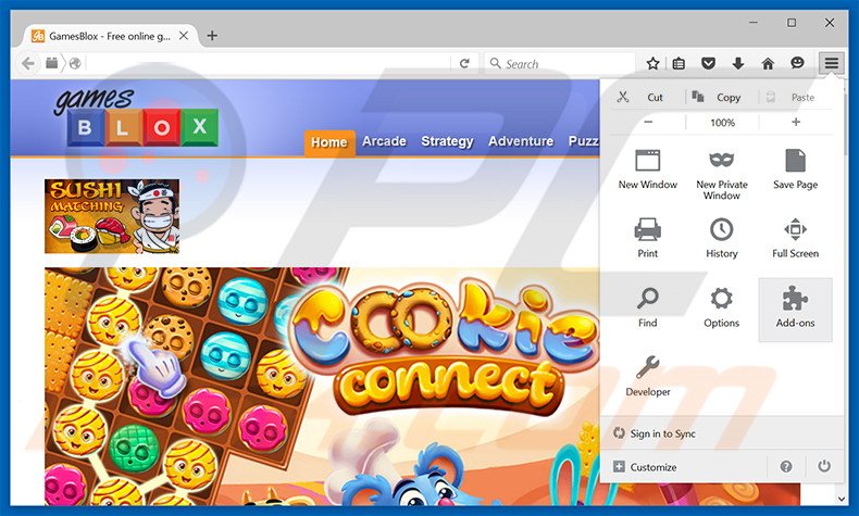 Removing GamesBlox ads from Mozilla Firefox step 1