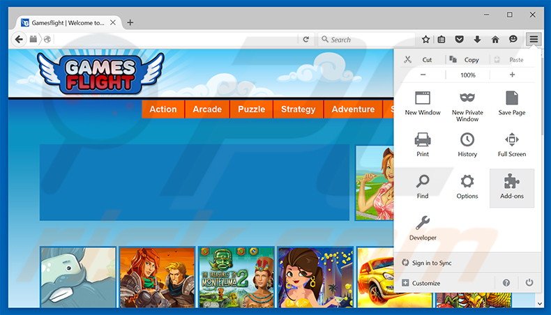 Removing GamesFlight ads from Mozilla Firefox step 1