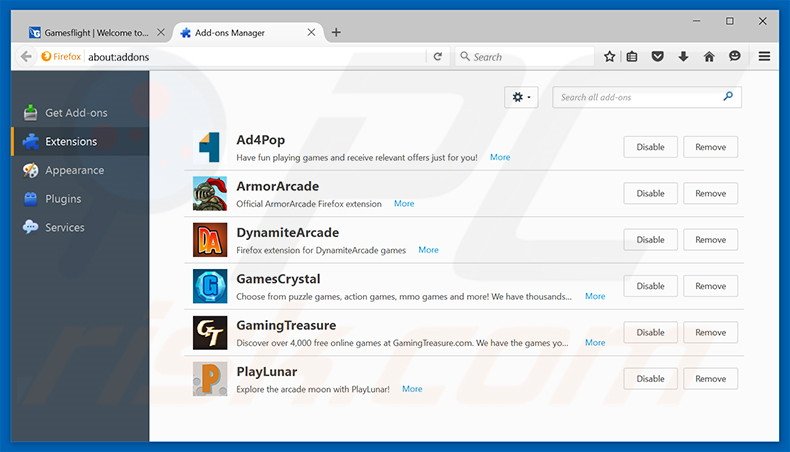 Removing GamesFlight ads from Mozilla Firefox step 2