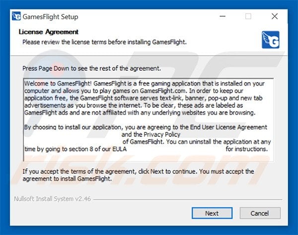 Official GamesFlight adware installation setup