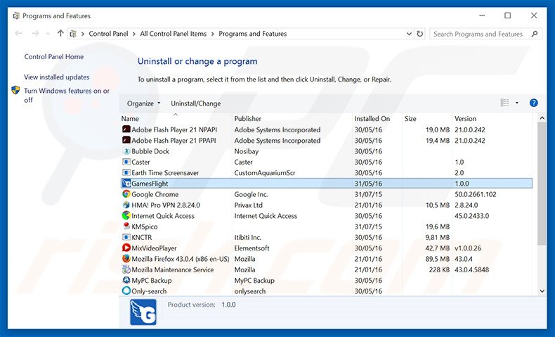 GamesFlight adware uninstall via Control Panel