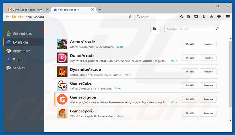 Removing GamesLagoon ads from Mozilla Firefox step 2