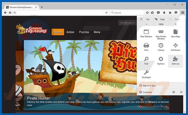 Removing GamingTreasure ads from Mozilla Firefox step 1