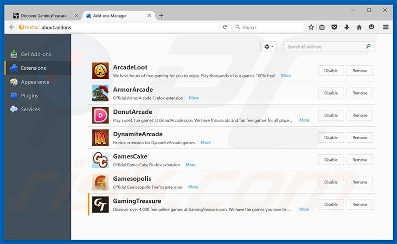 Removing GamingTreasure ads from Mozilla Firefox step 2