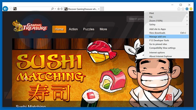 Removing GamingTreasure ads from Internet Explorer step 1