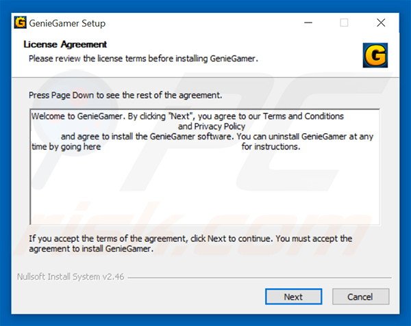 Official GenieGamer adware installation setup