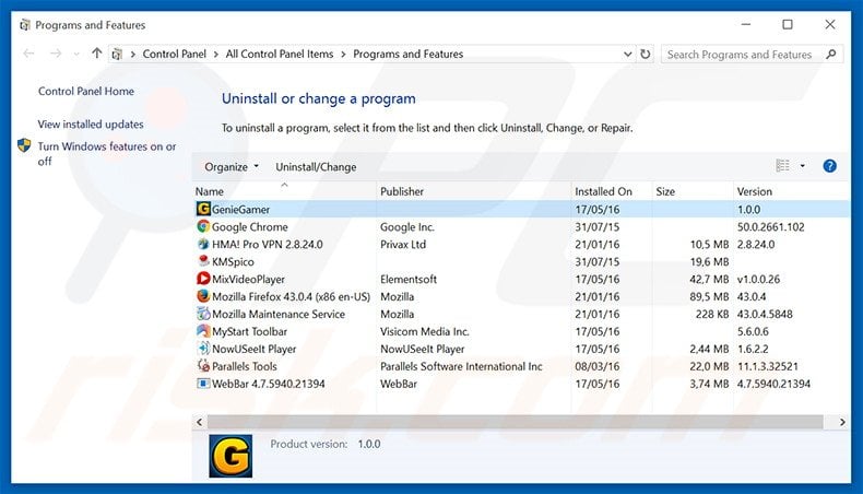 GenieGamer adware uninstall via Control Panel