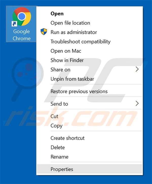 Removing goodasfound.com from Google Chrome shortcut target step 1